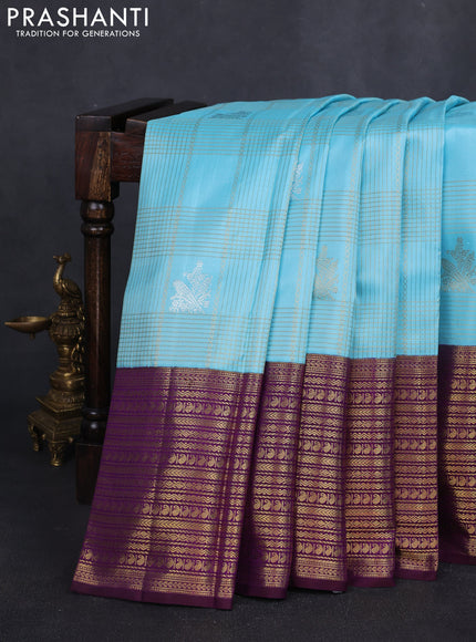 Pure kanchipuram silk saree light blue and purple with allover zari checks & buttas and long rich zari woven border