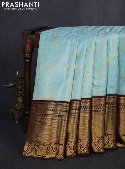 Pure kanchipuram silk saree teal blue and coffee brown with allover zari checks & buttas and rich zari woven border
