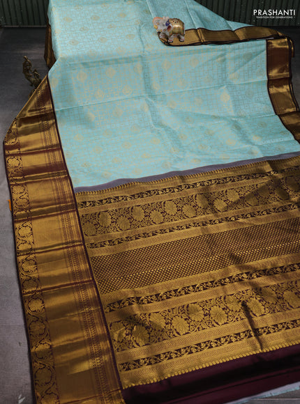 Pure kanchipuram silk saree teal blue and coffee brown with allover zari checks & buttas and rich zari woven border