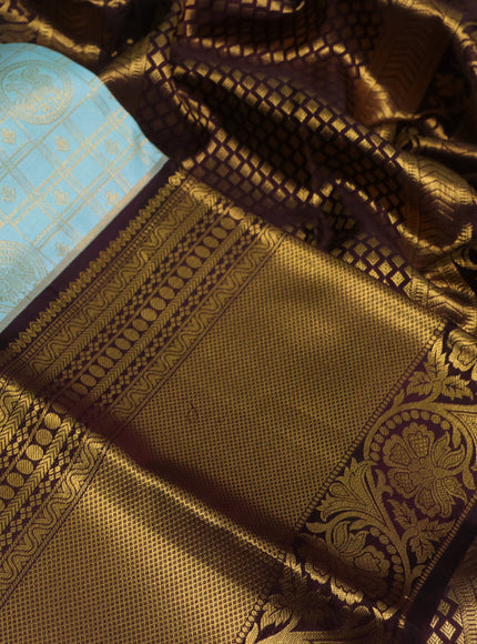 Pure kanchipuram silk saree teal blue and coffee brown with allover zari checks & buttas and rich zari woven border