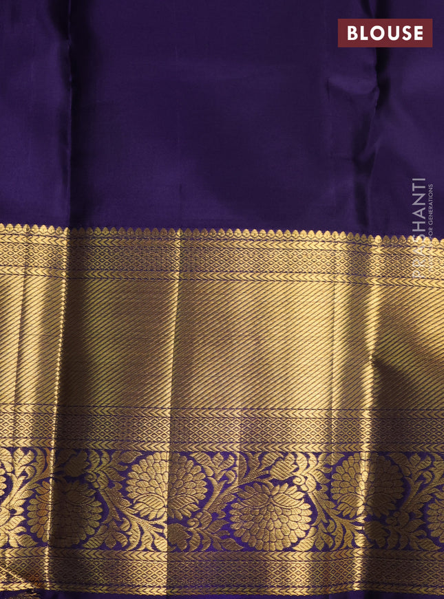 Pure kanchipuram silk saree pastel peach and blue with allover zari woven brocade weaves and long rich zari woven border