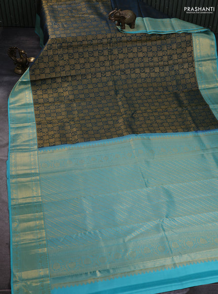 Pure kanchipuram silk saree peacock green and teal blue with allover zari woven brocade weaves and rich zari woven border