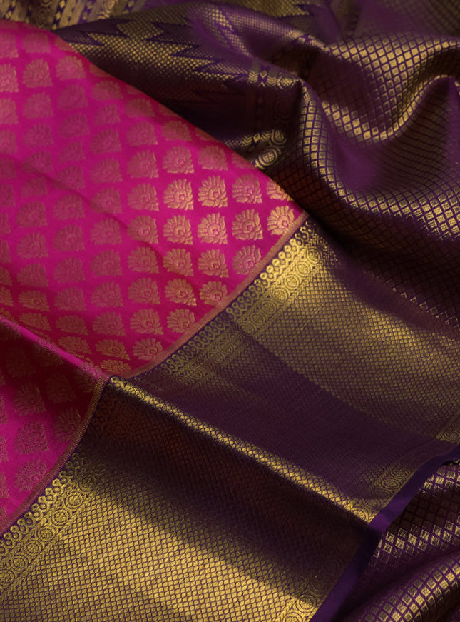 Pure kanchipuram silk saree pink and purple with allover zari woven brocade weaves and rich zari woven border