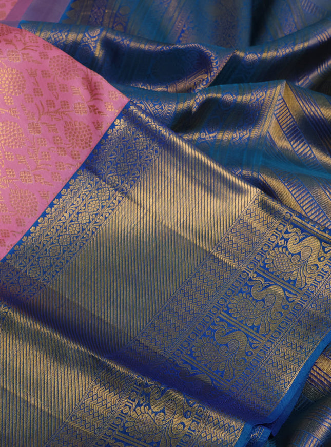 Pure kanchipuram silk saree peach pink and cs blue with allover zari woven brocade weaves and long rich zari woven border