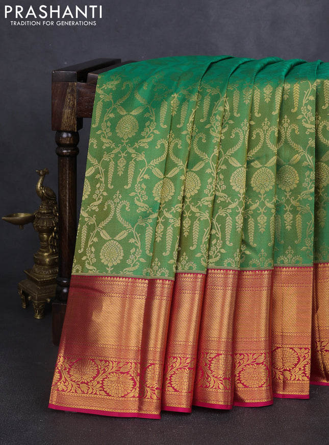 Pure kanchipuram silk saree green and pink with allover zari woven brocade weaves and long rich zari woven border