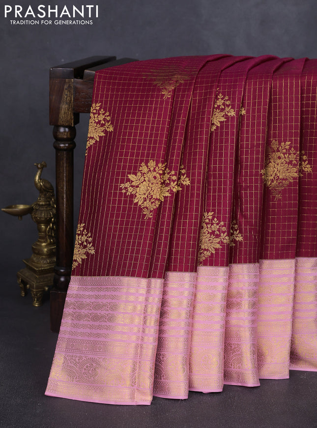 Pure kanchipuram silk saree dark pink and light pink with allover zari checks & buttas and rich zari woven border