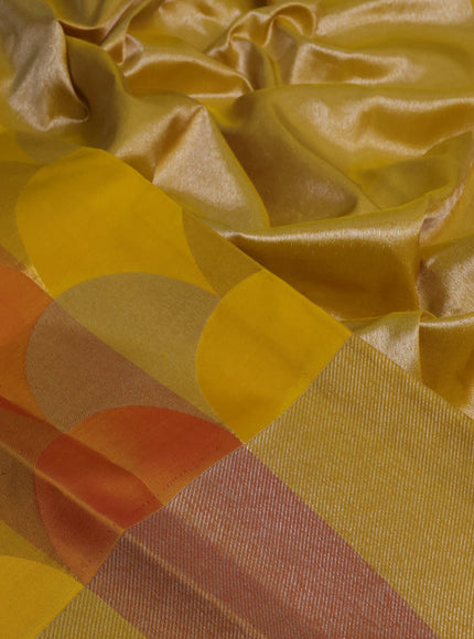 Pure kanchipuram silk saree yellow and dark mustard with allover zari woven geometric brocade weaves and silver zari woven border
