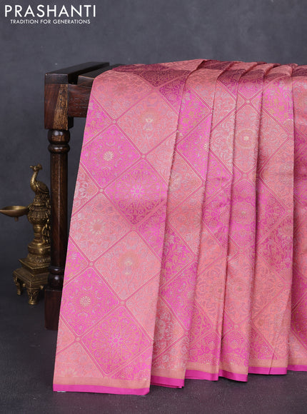 Pure kanchipuram silk saree peach and pink with allover zari woven brocade weaves and piping border