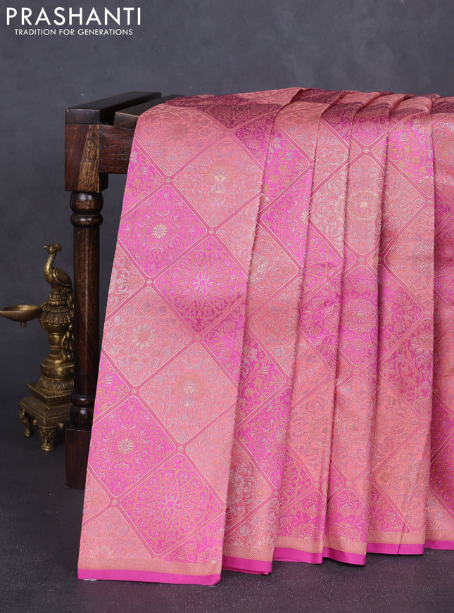 Pure kanchipuram silk saree peach and pink with allover zari woven brocade weaves and piping border
