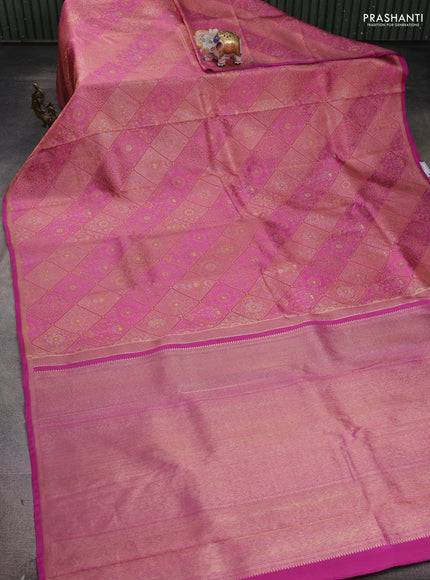 Pure kanchipuram silk saree peach and pink with allover zari woven brocade weaves and piping border