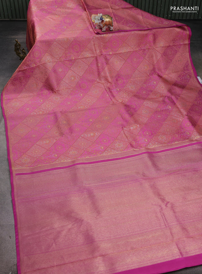 Pure kanchipuram silk saree peach and pink with allover zari woven brocade weaves and piping border