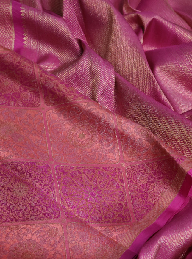 Pure kanchipuram silk saree peach and pink with allover zari woven brocade weaves and piping border