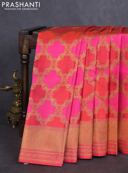 Pure kanchipuram silk saree pink and orange with allover zari weaves and rich zari woven border