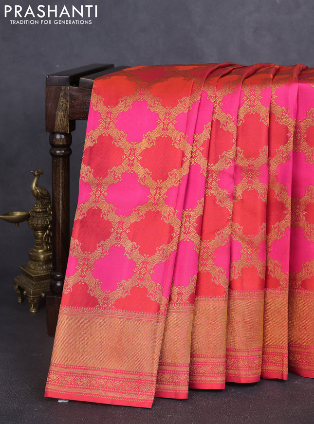 Pure kanchipuram silk saree pink and orange with allover zari weaves and rich zari woven border