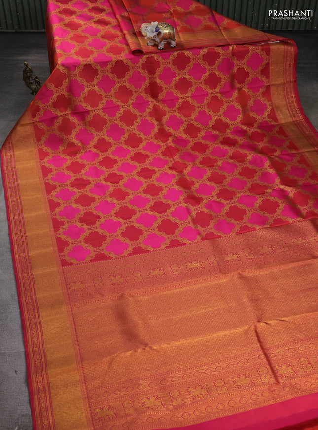 Pure kanchipuram silk saree pink and orange with allover zari weaves and rich zari woven border
