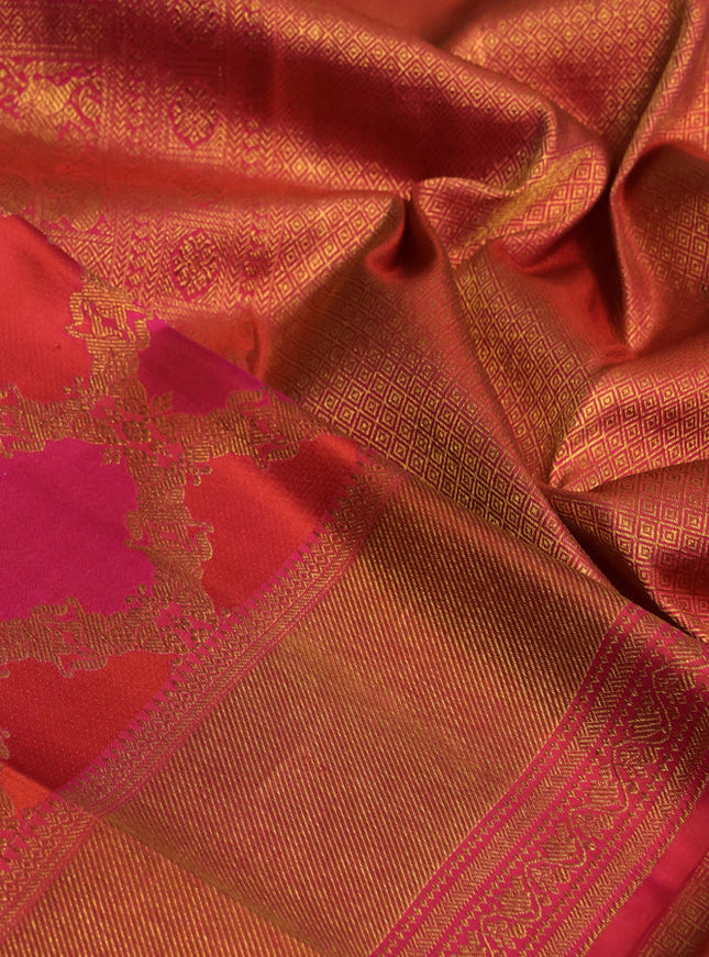 Pure kanchipuram silk saree pink and orange with allover zari weaves and rich zari woven border