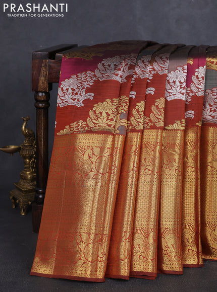 Pure kanchipuram silk saree brown with allover rangkat weaves and long annam zari woven border
