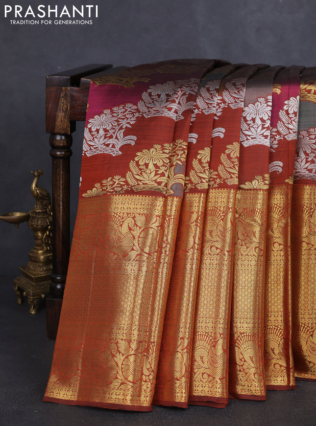 Pure kanchipuram silk saree brown with allover rangkat weaves and long annam zari woven border