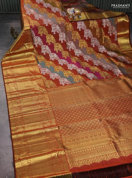 Pure kanchipuram silk saree brown with allover rangkat weaves and long annam zari woven border