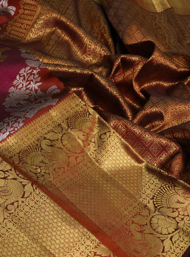 Pure kanchipuram silk saree brown with allover rangkat weaves and long annam zari woven border