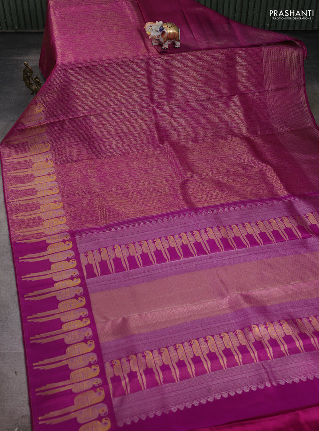 Pure kanchipuram silk saree purple with allover zari woven brocade weaves and parrot design zari woven border