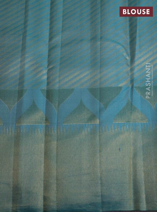 Pure kanchipuram silk saree teal blue with allover zari woven geometric butta weaves and temple design zari woven border