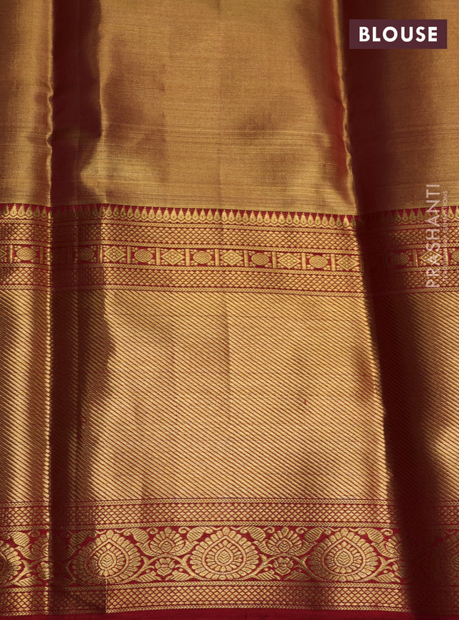 Pure kanchipuram tissue silk saree gold and red with allover zari woven brocade weaves and long rich zari woven border