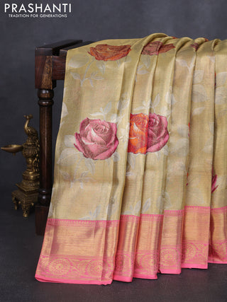 Pure kanchipuram tissue silk saree gold and peach pink with allover zari woven floral brocade weaves and zari woven border