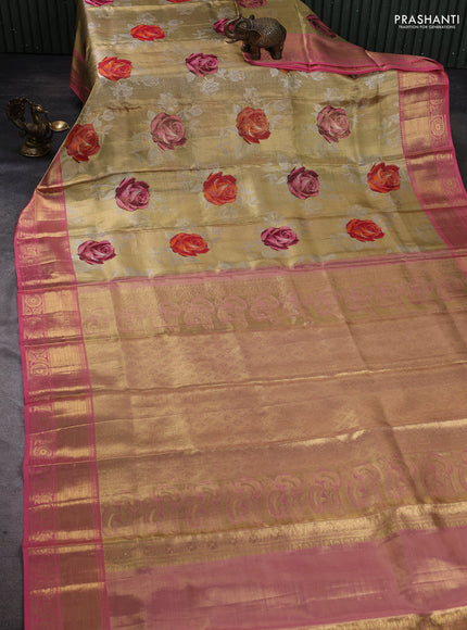 Pure kanchipuram tissue silk saree gold and peach pink with allover zari woven floral brocade weaves and zari woven border