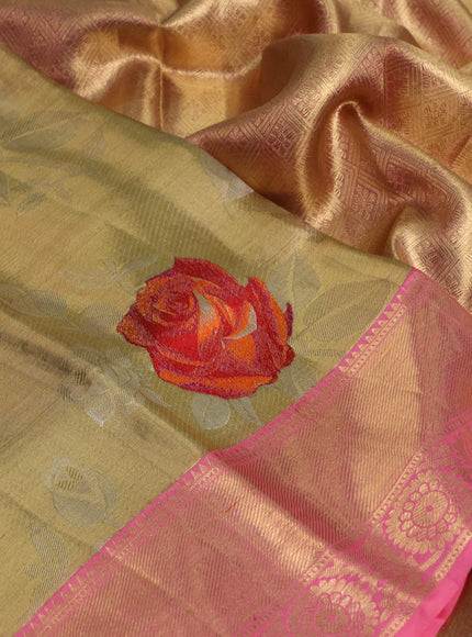 Pure kanchipuram tissue silk saree gold and peach pink with allover zari woven floral brocade weaves and zari woven border
