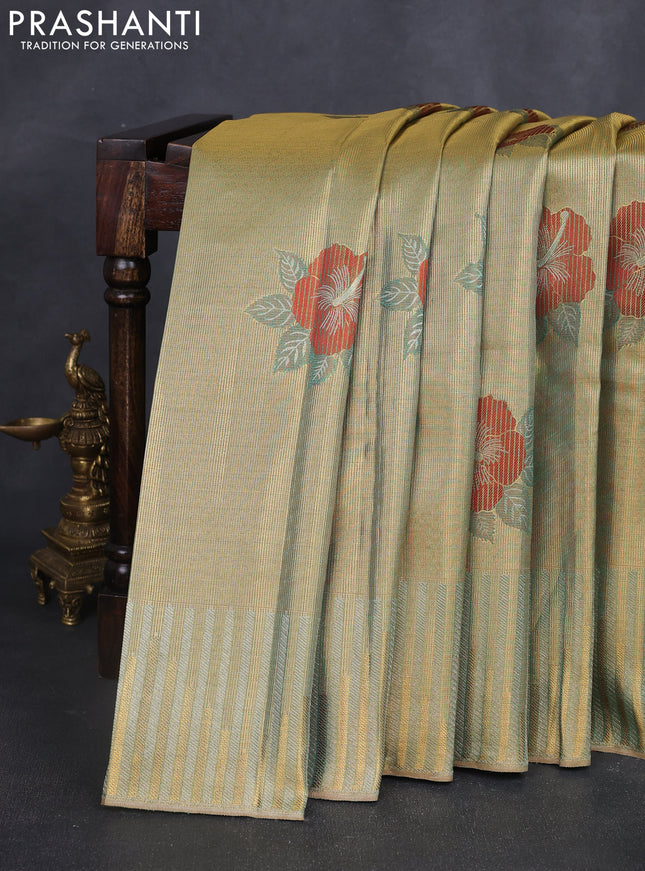 Pure kanchipuram tissue silk saree golden teal with floral zari woven buttas and zari woven border