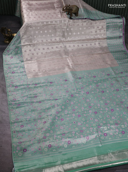 Pure kanchipuram tissue silk saree silver and teal blue with annam & rudhraksha zari woven buttas and rich zari woven border