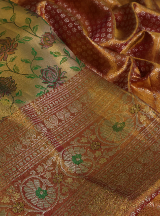 Pure kanchipuram tissue silk saree gold and golen red with allover zari woven floral brocade weaves and long rich zari woven border