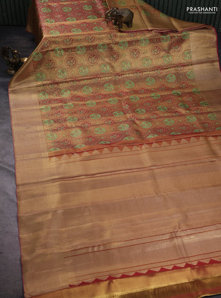 Pure kanchipuram tissue silk saree dual shade of gold and pink with allover zari woven floral brocade weaves and zari woven border