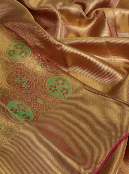 Pure kanchipuram tissue silk saree dual shade of gold and pink with allover zari woven floral brocade weaves and zari woven border
