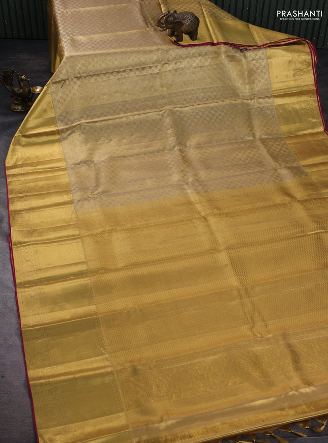 Pure kanchipuram tissue silk saree gold and dark pink with allover zari woven brocade weaves and long zari woven border
