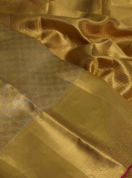 Pure kanchipuram tissue silk saree gold and dark pink with allover zari woven brocade weaves and long zari woven border