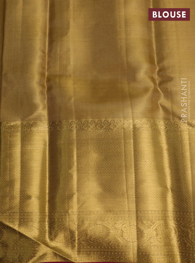 Pure kanchipuram tissue silk saree gold and dark pink with allover zari woven brocade weaves and long zari woven border
