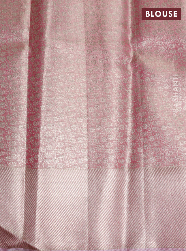 Pure kanchipuram tissue silk saree beige and light pink with allover zari woven floral brocade weaves and silver zari woven border