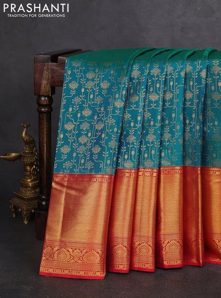 Pure kanchipuram silk saree dual shade of teal bluish green and red with allover zari woven brocade weaves and zari woven border