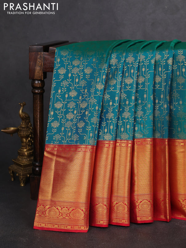 Pure kanchipuram silk saree dual shade of teal bluish green and red with allover zari woven brocade weaves and zari woven border