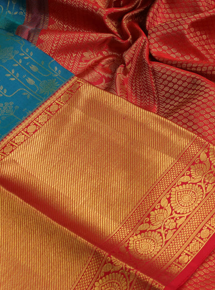 Pure kanchipuram silk saree dual shade of teal bluish green and red with allover zari woven brocade weaves and zari woven border