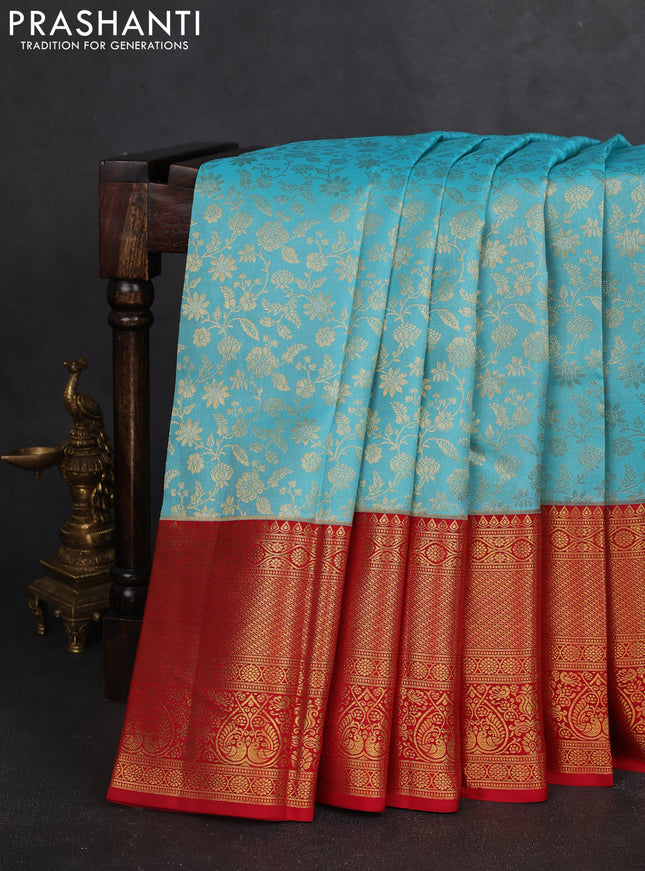 Pure kanchipuram silk saree light blue and red with allover zari woven brocade weaves and zari woven border