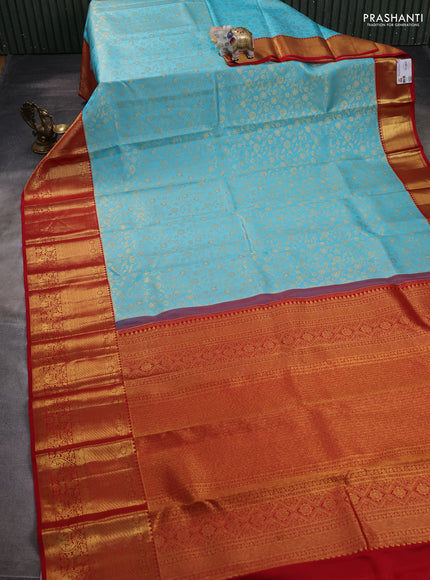 Pure kanchipuram silk saree light blue and red with allover zari woven brocade weaves and zari woven border