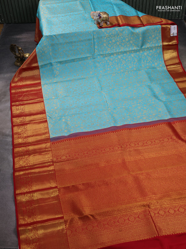 Pure kanchipuram silk saree light blue and red with allover zari woven brocade weaves and zari woven border