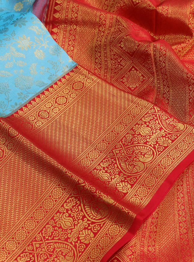 Pure kanchipuram silk saree light blue and red with allover zari woven brocade weaves and zari woven border