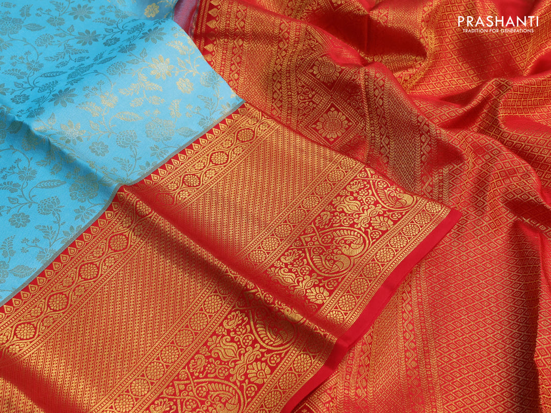 Pure kanchipuram silk saree light blue and red with allover zari woven brocade weaves and zari woven border