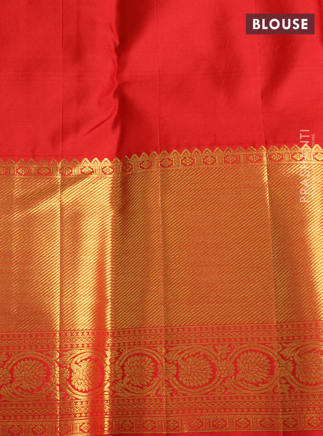 Pure kanchipuram silk saree dual shade of teal bluish green and red with allover zari woven brocade weaves and zari woven border