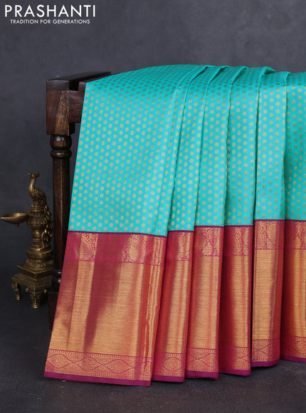 Pure kanchipuram silk saree teal blue and magenta pink with allover zari woven 1000 butta weaves and zari woven border