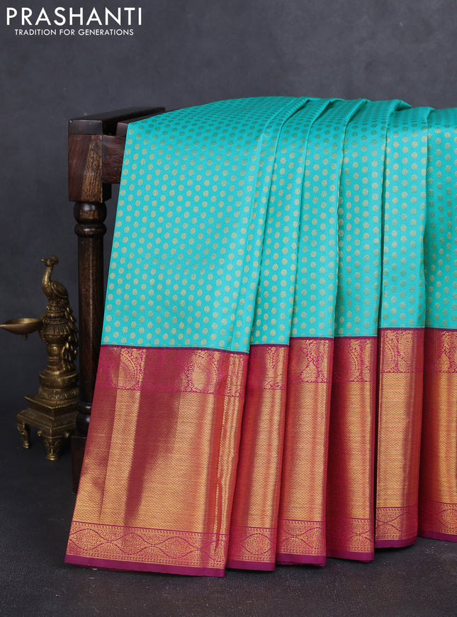 Pure kanchipuram silk saree teal blue and magenta pink with allover zari woven 1000 butta weaves and zari woven border